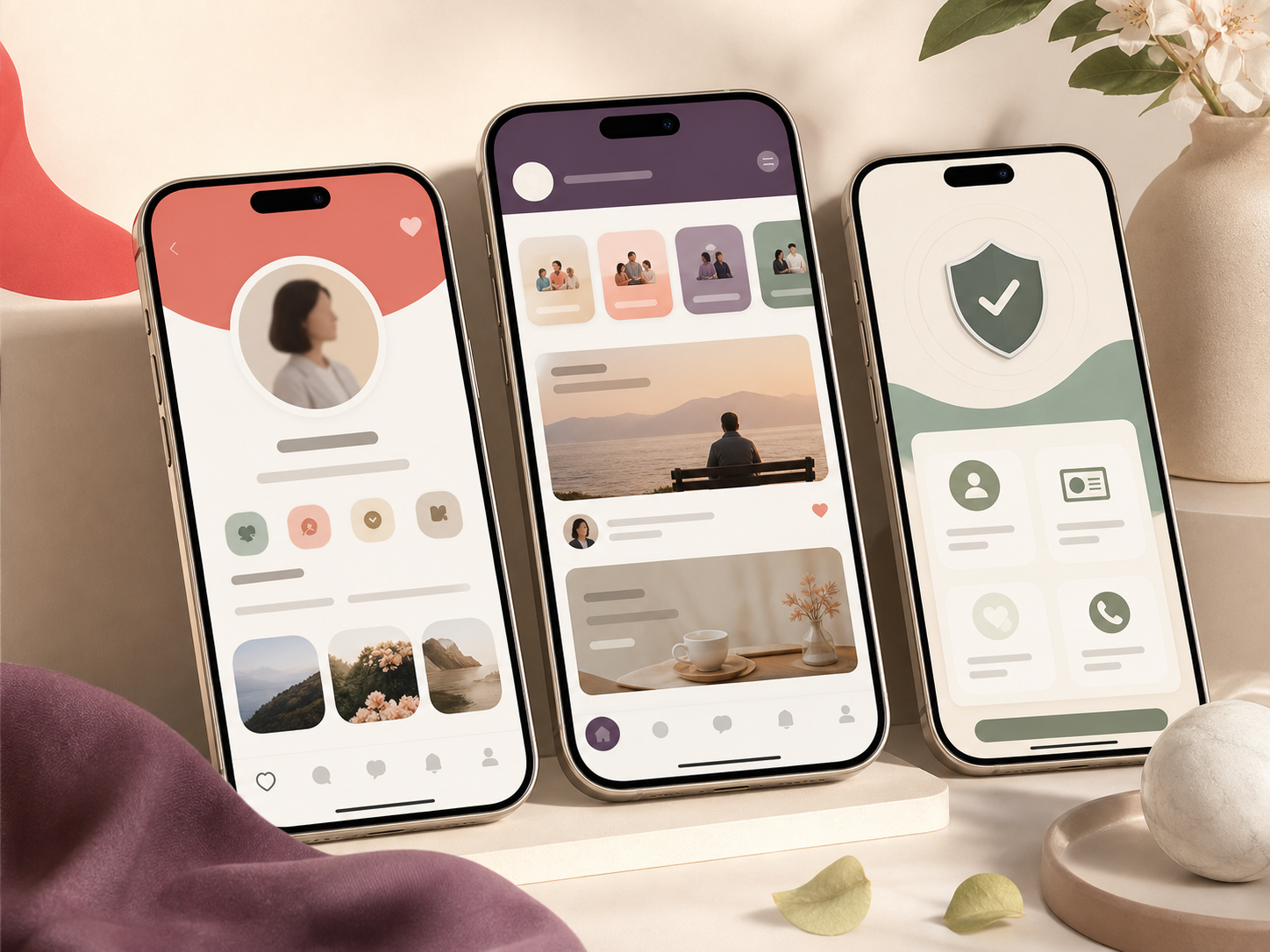 离了么 App 界面：遇见匹配、发现社区、慢慢聊与 L1-L4 认证中心