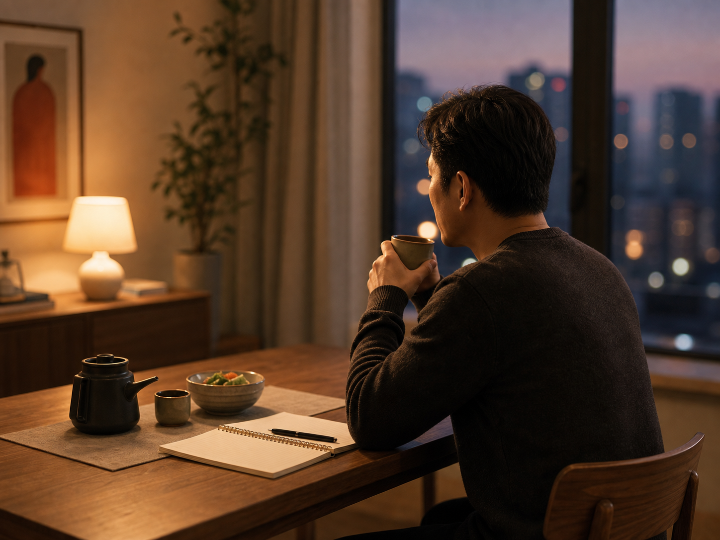 刚走出婚姻的离异用户：在夜晚餐桌旁安静整理心情